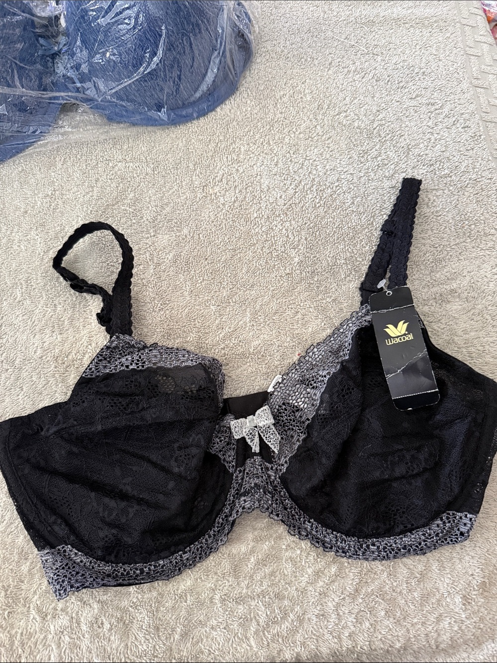Wacoal Black Lace Underwire Bra with Gray Trim and Bow